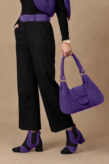 Dress ankle boots side elastics in matt black and violet purple leather with low flare heels and round toe - Worn view
